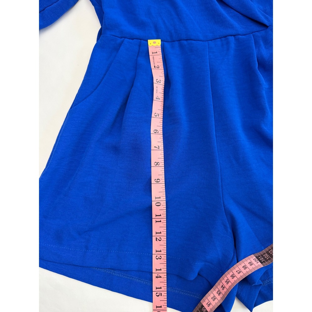 Monteau Los Angeles Royal Blue Wrap Front Romper 3/4 Puff Sleeve Small - Picture 11 of 15